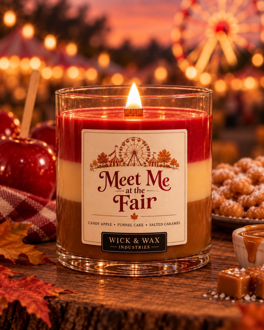 Meet Me at the Fair candle with candy apples, funnel cake and caramels, in front of a Ferris wheel.