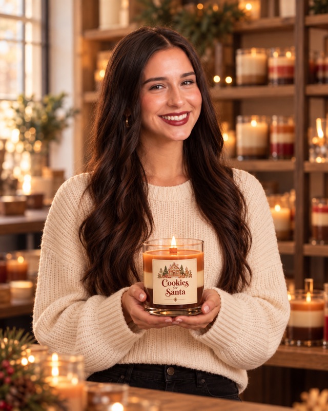 Alonna McKaba holding a Cookies for Santa candle.