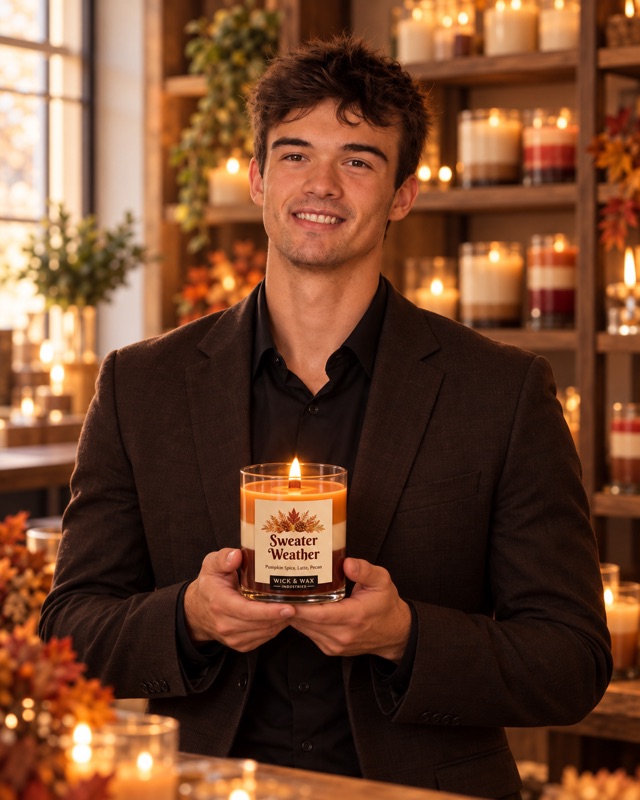 Kevin Cochran holding a Sweater Weather candle.